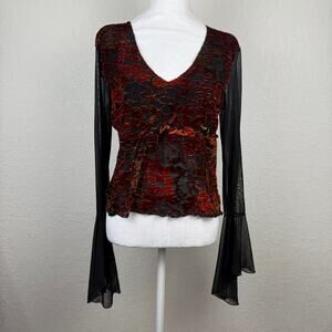 Women's Y2K Velvet Burnout Babydoll Top Flutter Sleeves V-Neck Women's Medium